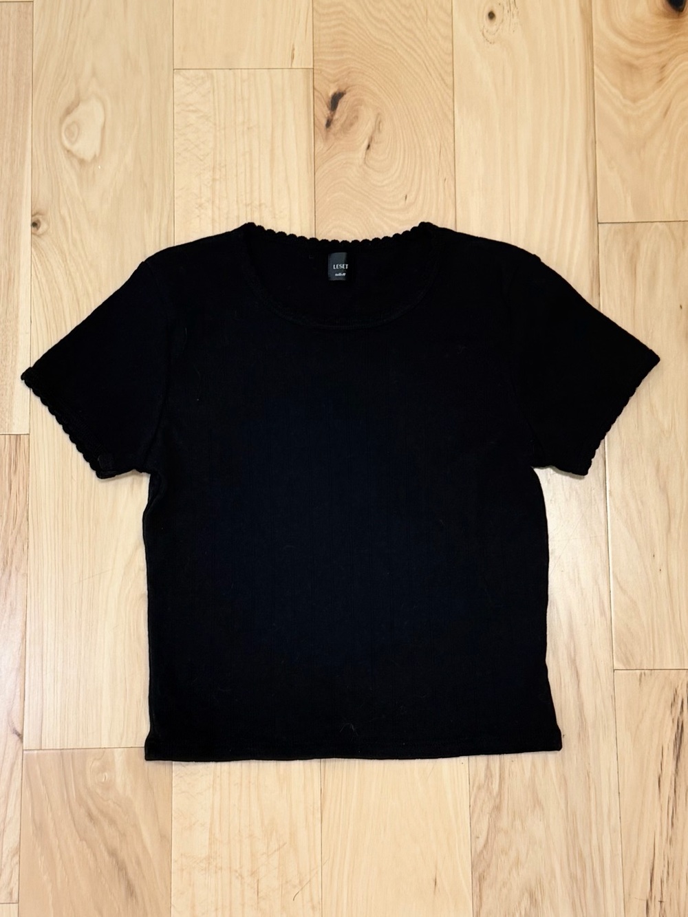 LESET Women’s Pointelle Black Baby Tee Shirt